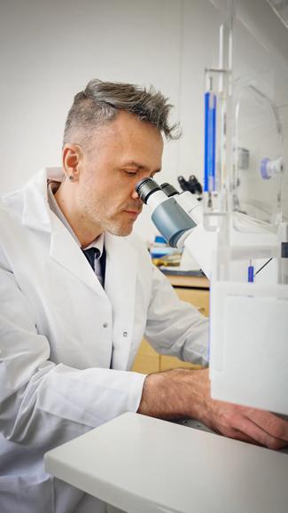 A man wearing a white coat looks into a microsope at a Grossman School of Medicine lab.