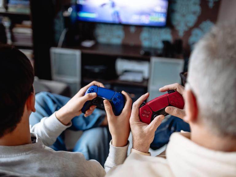Seen from the back, an older man and a boy use video game controllers.
