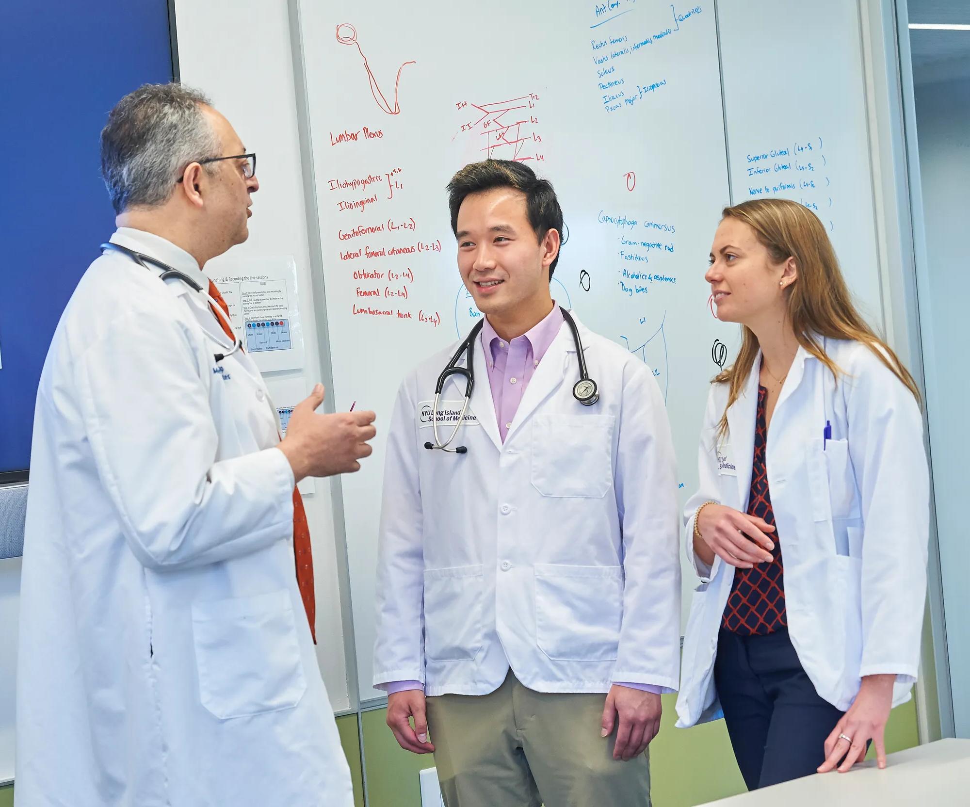 An older male doctor from Grossman Long Island School of Medicine stands and talks with two young medical students in front of a whiteboard.