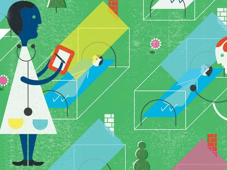 Cartoon of Doctors Standing Over and Tending to Patients in Beds Inside Tiny Houses