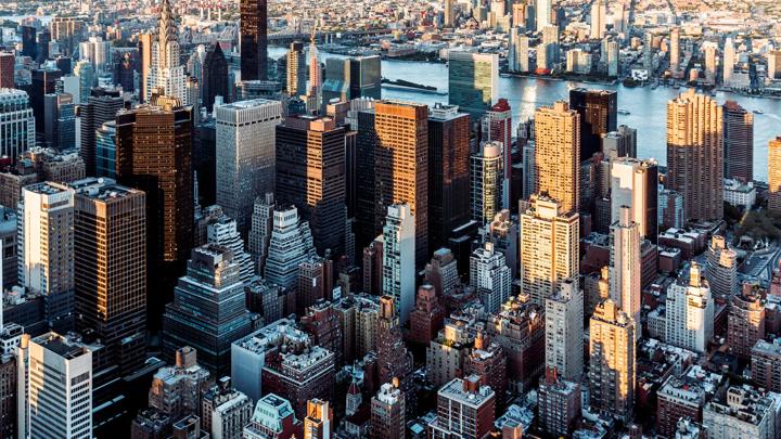 A skyline view of New York City, displaying streets and buildings around NYU Grossman's midtown campus.