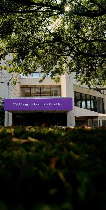 A sign reads "NYU Langone Hospital Brooklyn" on the exterior of the hospital building.