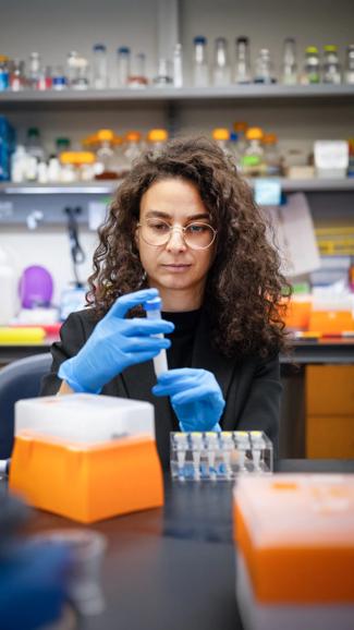 A female professor at Grossman School of Medicine wearing purple gloves handles vials of liquid in a lab.