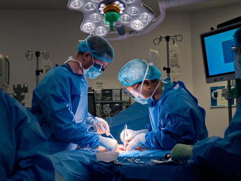 Anthony Corcoran and Dr. Toyooki Sonoda, in NYU Grossman Long Island School of Medicine's Department of Surgery, operate on a patient at NYU Langone Hospital &ndash; Long Island.