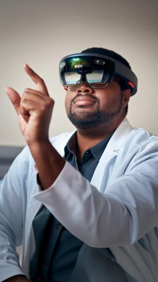 A man wearing a white coat and specialized glasses that help simulate medical training raises his arm and fingers in front of him, interacting with a computer program.