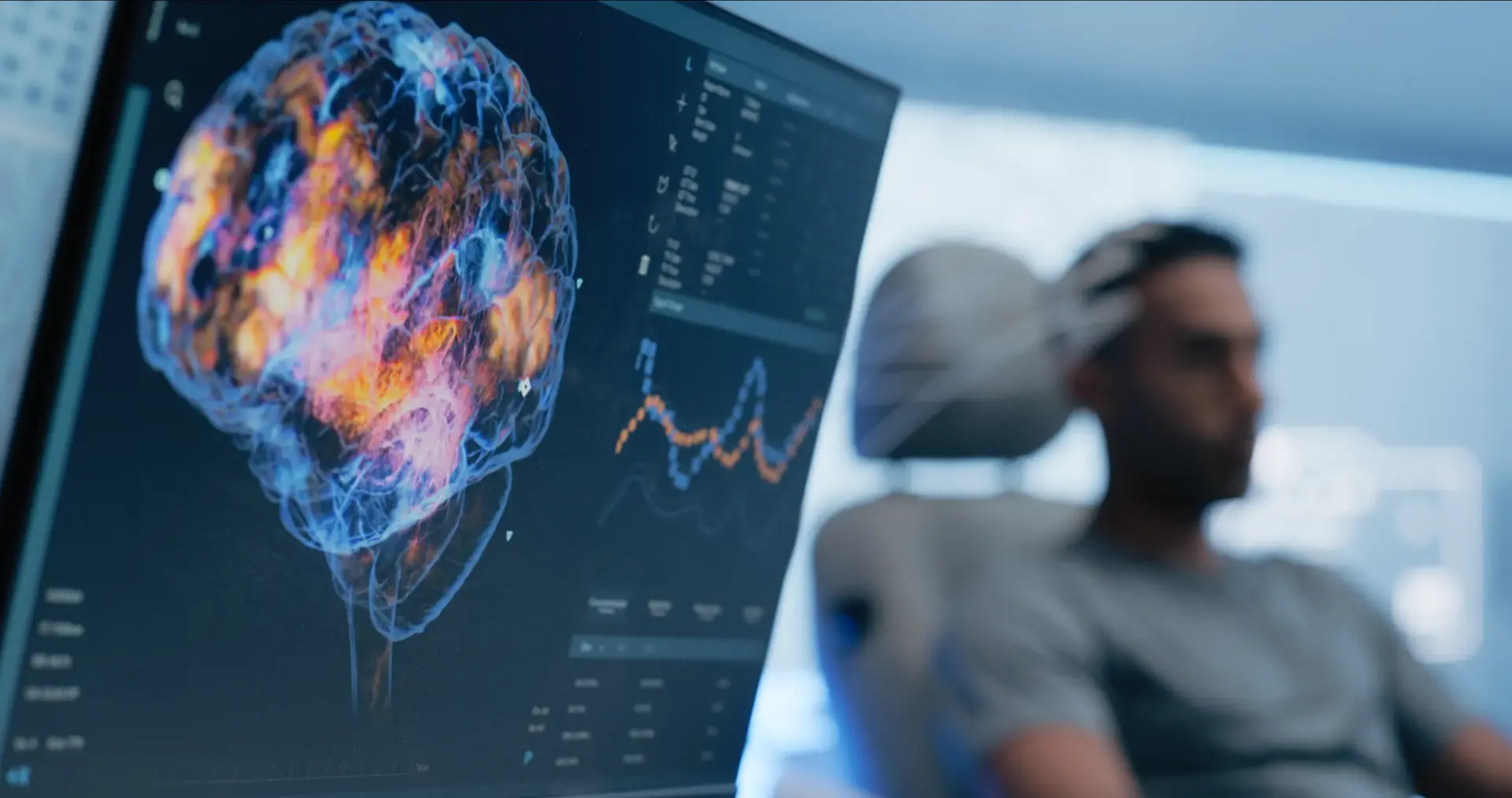 Patient Wearing Headset, Research Shows Brain Activity During Scanning. Monitor and Display Show Illuminated Neural Pathways, Innovation in Cognitive Research and Diagnostics 