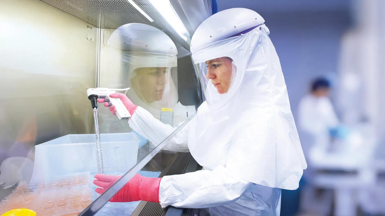 Microbiologist Maren De Vries, PhD, performs an assay to quantify infectious viral particlesand isolate viral clones.