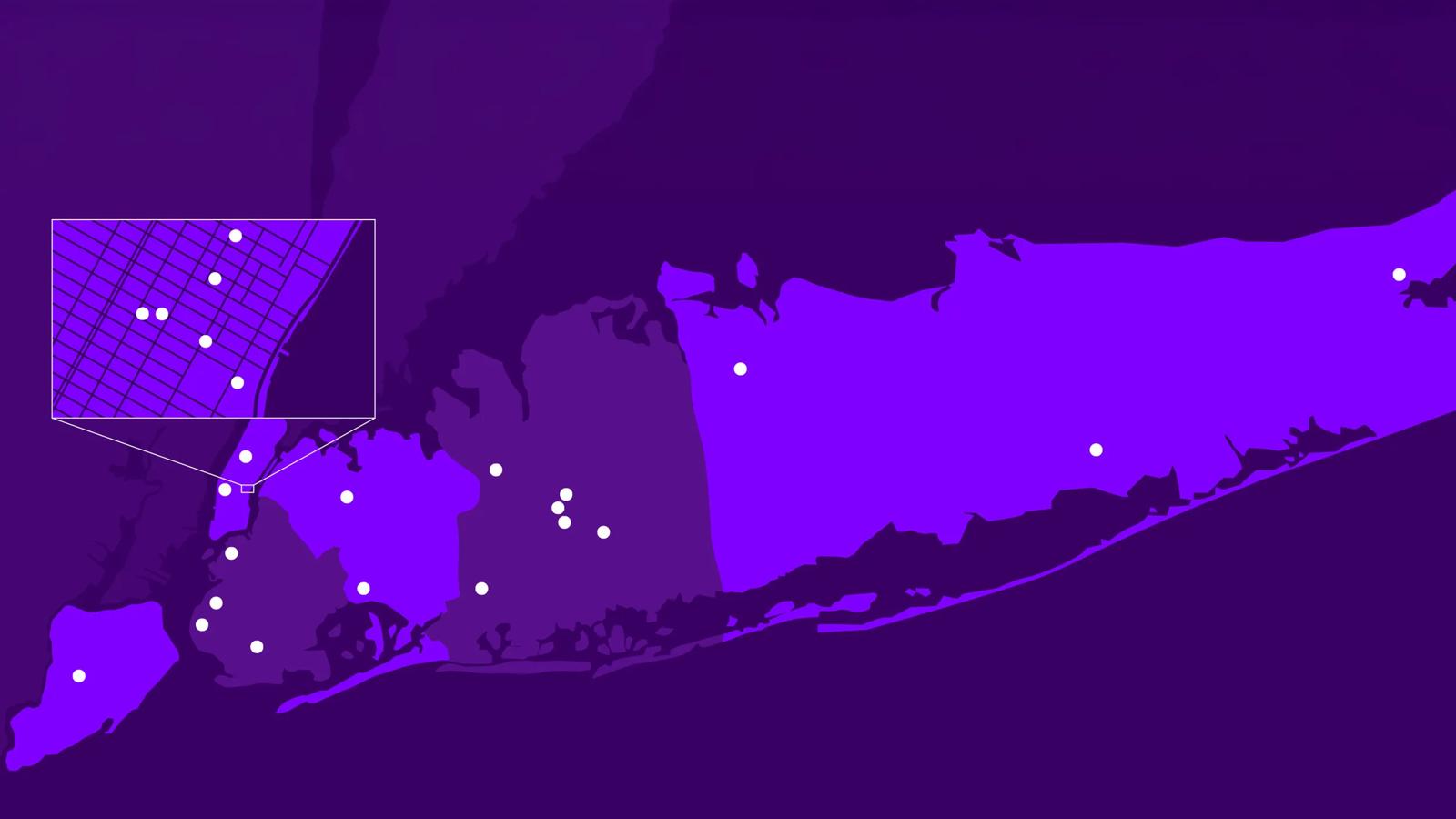 An image of a purple map that indicates the Perlmutter Cancer Center locations across New York City and Long Island.