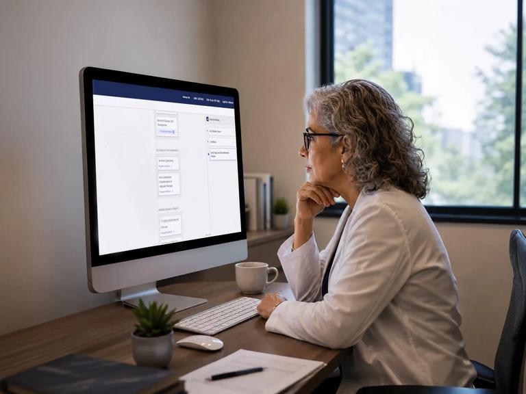 A clinician looks at a large computer monitor.